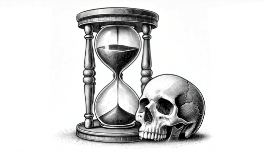 A skull resting beside an hourglass